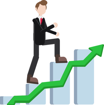 worker climbs the bar graph with the green arrow up, career advancement concept png