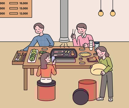 Korean samgyeopsal restaurant. An illustration showing the special culture of Korea. grilled meat. spoon drawer. A chair for storing clothes. vector
