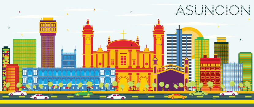 Asuncion Paraguay City Skyline with Color Buildings and Blue Sky. vector