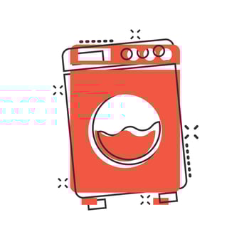 Washing machine icon in comic style. Washer cartoon vector illustration on white isolated background. Laundry splash effect business concept.
