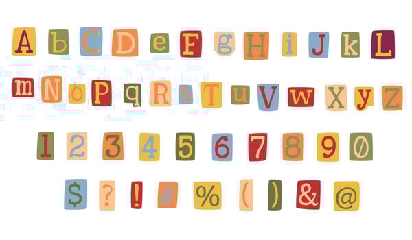 Retro anonymous criminal alphabet set colorful. Random letters cut from magazine. Web use, poster, greeting card, print. vector