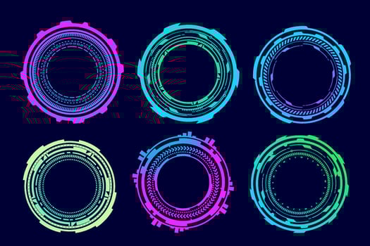HUD futuristic elements. Abstract optical neon aim. Circle geometric shapes for virtual interface and games. Camera viewfinder for sniper weapon. Vector set