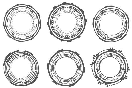 HUD futuristic elements. Abstract optical aim. Circle geometric shapes for virtual interface and games. Camera viewfinder for sniper weapon. Vector set