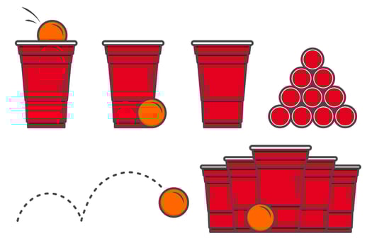 Red beer pong illustration. Plastic cup and ball with splashing beer. Traditional party drinking game. Vector