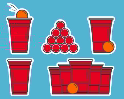 Red beer pong stickers. Plastic cup and ball with splashing beer. Traditional party drinking game. Vector