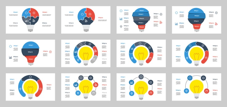 set of light bulb infographic element vector, data visualization with 3, 4, 5, 6 points, steps, options, list, processes, can be used for workflow, presentation slide, brochure, banner, flyer, etc. vector