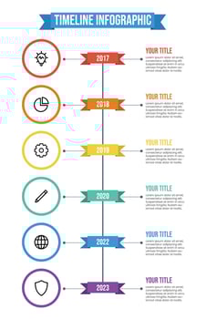 Data visualization, vertical timeline infographic template vector with 6 points of years, titles, descriptions, and icons. business company milestones template. annual report.