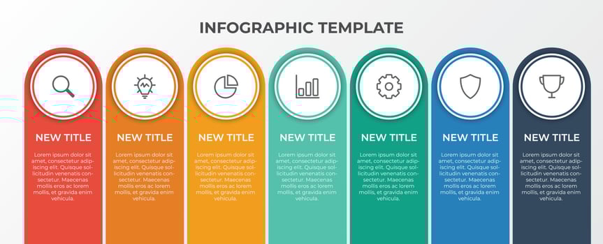 infographic list template element with 7 points and icons, use for describing or showing workflow, task, timeline, process, information on slide presentation, poster, brochure, banner, etc. vector