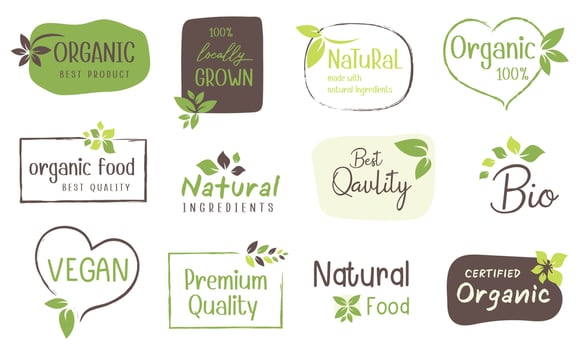 Set of logo, stickers and badges for organic food and drink, natural products, healthy life, food store and product promotion. vector