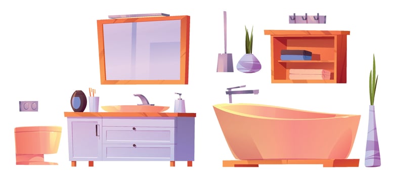 Bathroom interior set with bath, sink, toilet bowl vector