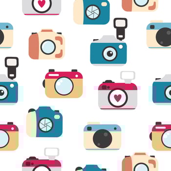 Seamless pattern with photocameras flat icons. Colourful handdrawn digital cameras. vector