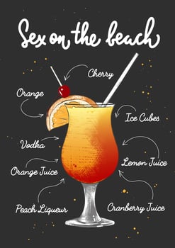 Vector engraved style Sex On The Beach cocktail illustration for posters, decoration, logo and print. Hand drawn sketch with lettering and recipe, beverage ingredients. Detailed colorful drawing.