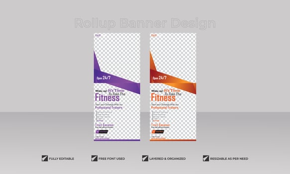 Fitness gym business standee rollup banner design vector template 2023 to 2050