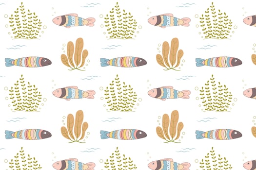 Seamless Pattern with Cute fishes and algae. Kids print. Doodles. For textiles, children's clothing, wallpaper, packaging, wrapping paper. Simple flat vector illustration isolated on white background