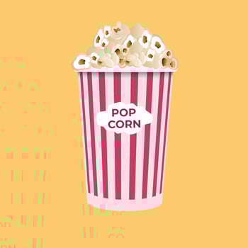 Popcorn isolated on a yellow background. A flat-style movie theater icon. A light snack. A large red and white striped box. Vector illustration