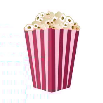 Popcorn isolated on a white background. A flat-style movie theater icon. A light snack. A large red and white striped box. Vector illustration