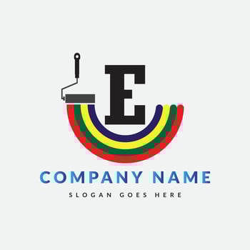 Paint Brush Logo On Letter E Template. Paint On E Letter, Initial Paint Sign Concept vector