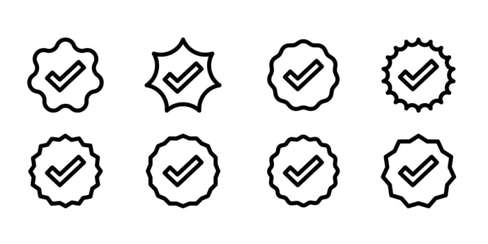 Approved, verified and protected line icons. Guarantee, approval, acceptance and quality vector badges. Isolated vector