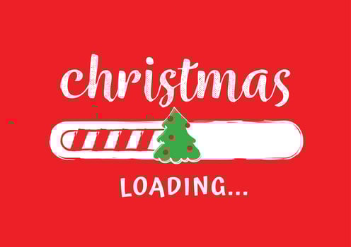 Progress bar with inscription - Christmas loading in sketchy style on red background. Vector Christmas illustration for t-shirt design, poster or greeting card.