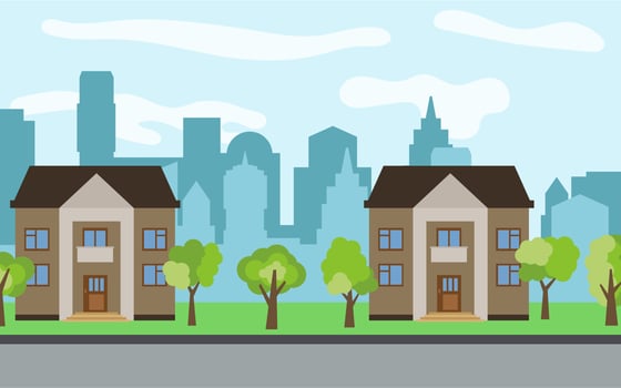 Vector city with two two-story cartoon houses and green trees in the sunny day. Summer urban landscape. Street view with cityscape on a background