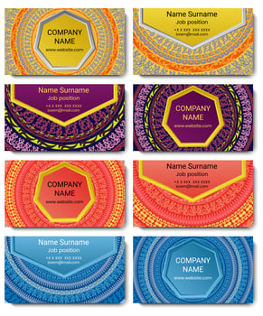 Set of vector visiting card with mandala. Geometric mandala pattern and ornaments. Front page and back page.
