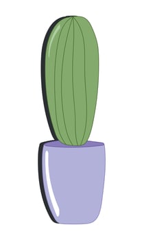 Vector doodle illustration. Green cactus in purple pot isolated on white background. Cartoon flat style. For decoration, stickers.