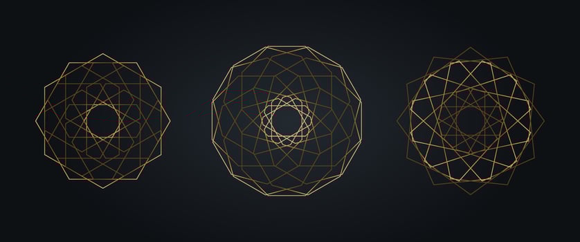Set gold Sacred Mandala, Luxurious Abstract Geometric Golden circle Mandala Logo Concept Vector Set Bundles, Sacred Geometry isolated on black background
