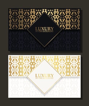 Luxury white and black business card and vintage ornament logo vector template. Retro elegant flourishes ornamental frame design with pattern background