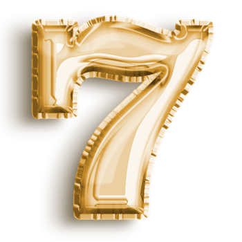 Number 7 metallic gold number balloon. Airfoil filled number illustration isolated on transparent background. Design element for festive party decoration png