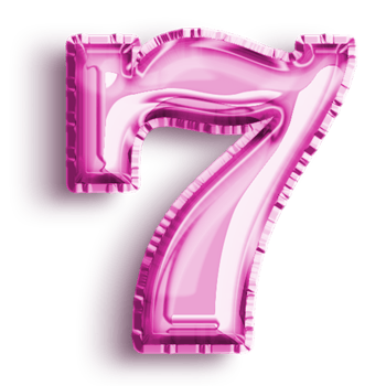 Number 7 metallic pink number balloon. Airfoil filled number illustration isolated on transparent background. Design element for festive party decoration png