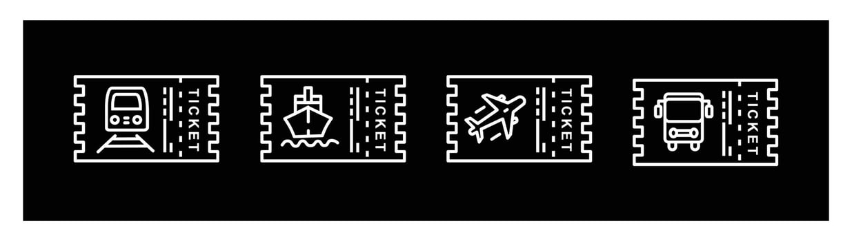Vector icon set transportation ticket, airplane, train, ship, bus. Vector icon illustration ticket form on black background