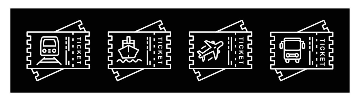 Vector icon set transportation ticket, airplane, train, ship, bus. Vector icon illustration ticket form on black background