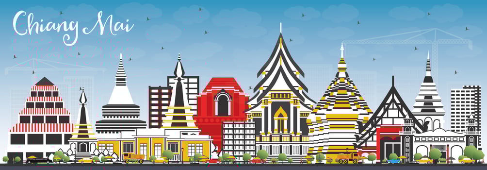 Chiang Mai Thailand City Skyline with Color Buildings and Blue Sky. vector