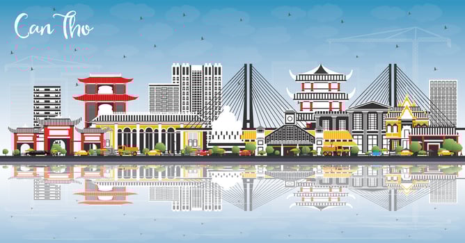 Can Tho Vietnam City Skyline with Gray Buildings, Blue Sky and Reflections. vector