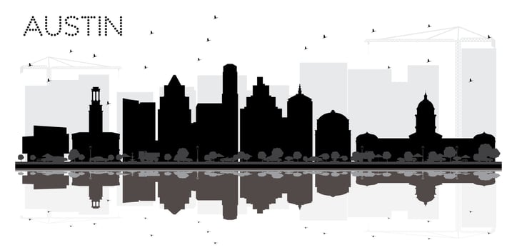 Austin Texas City skyline black and white silhouette with Reflections. vector