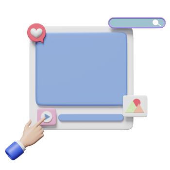 3D social media or communication online platform with play icons, search bar, photo frame, love bubbles chat isolated. 3d render illustration png