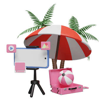 3D social media summer travel with mobile phone, smartphone, tripod, suitcase, umbrella, ball isolated. online video live streaming, notification concept, 3d render illustration png
