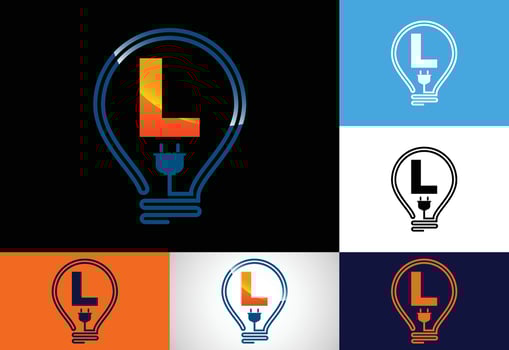 Initial alphabet L with an electric bulb. Electric bulb logo vector template. Electricity logo