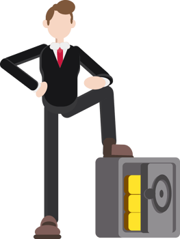 illustration of businessman standing on safe filled with gold png