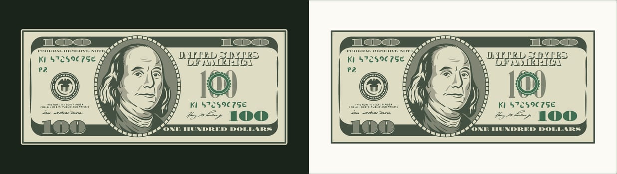 American 100 dollar banknote with front obverse side. Front view. Cash money. Vector illustration