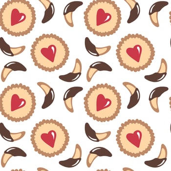 Vector candy and cookie sweet pattern. Cartoon vector seamless pattern with home bakery elements. Heart cookie, chocolate candy. Design for wrapping paper, Valentine's Day decor.
