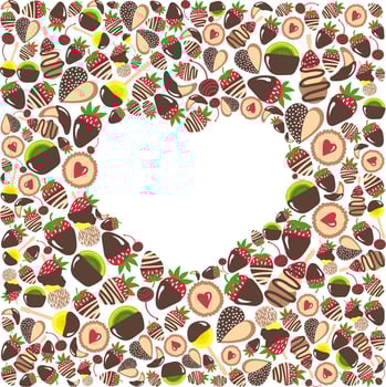 Vector sweets set frame. Candy with fruits and chocolates, cookies, strawberry, kiwifruit, cherry, yami dessert. Design for greeting cards, love cards, menu, valentines day decor, invitations, party.