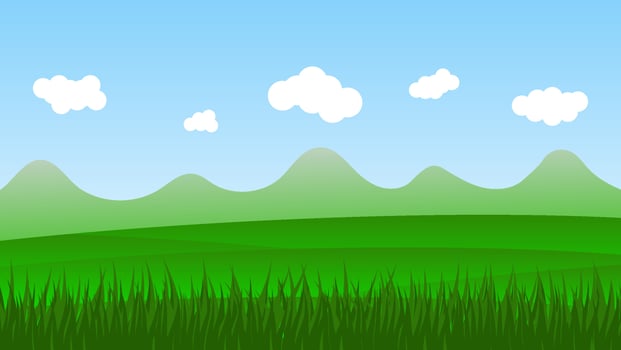 landscape cartoon scene with green field and white cloud in summer blue sky background vector