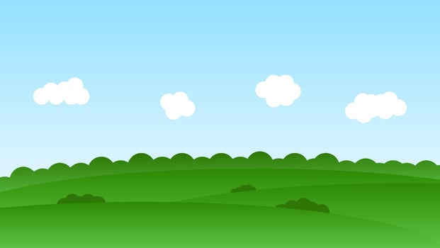 landscape cartoon scene with green field and white cloud in summer blue sky background vector