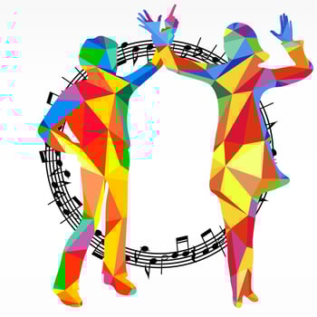 Polygon silhouettes dancing people and melody circle, vector music battle party background.