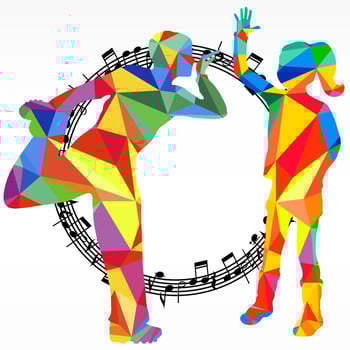 Polygon silhouettes dancing people and melody circle, vector music battle party background.