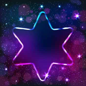 Colorful neon Star of David frame on a dark star background, vector abstract illustration.