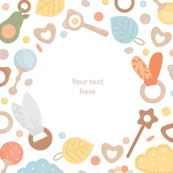 Background of cute boho baby toys and beads accessories with space for text. Wood boho toys and elements for kids. Frame for cards and metrics of newborns. Children collection in boho style vector