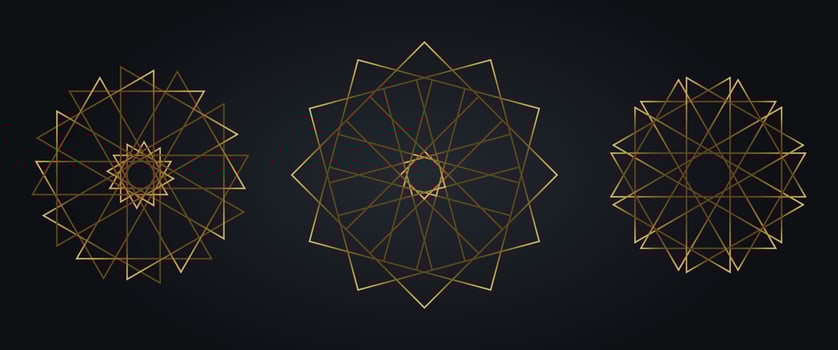 Set gold Sacred Mandala, Luxurious Abstract Geometric Golden circle Mandala Logo Concept Vector Set Bundles, Sacred Geometry isolated on black background