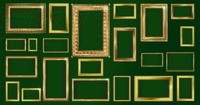 Empty painting or picture frame with golden engraved and carved Thai wooden borders. Set of decorative retro ornamental detailed picture frames. Old classic vector baroque golden frames collection.